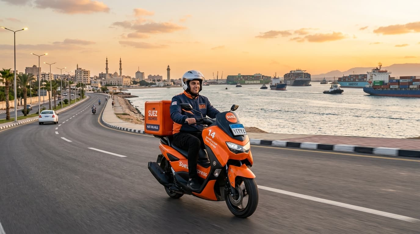 Delivery Suez Captain riding scooter securely near Suez Canal